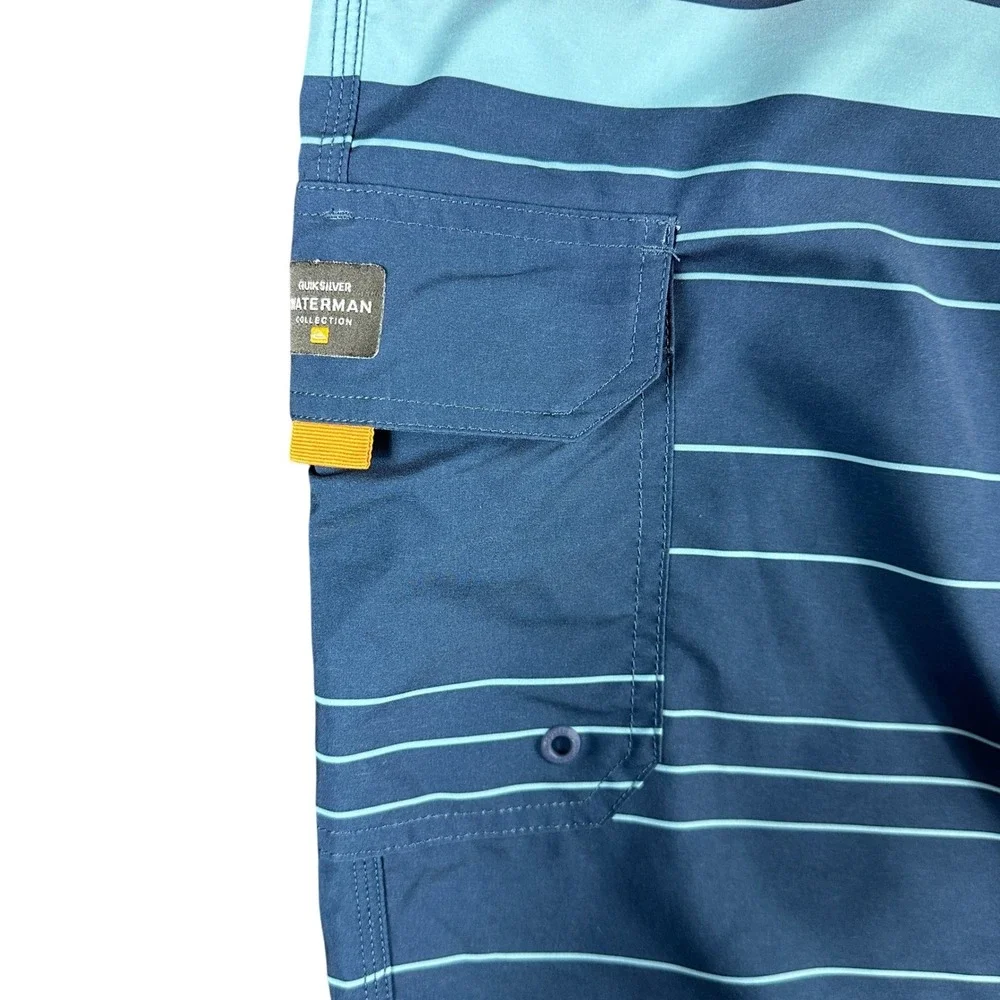 Quiksilver Waterman Collection Mens Blue Striped Summer Board Shorts Size 36